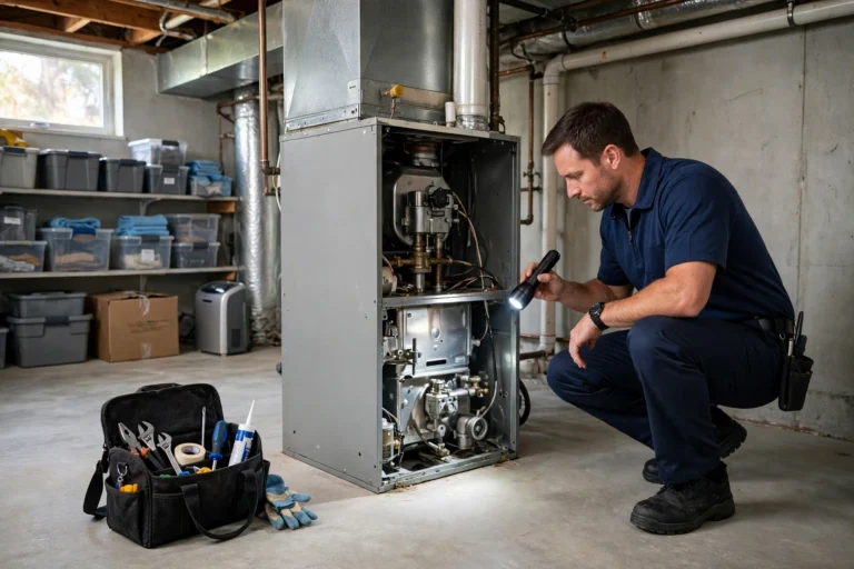 HVAC technician inspecting an open gas furnace in a basement