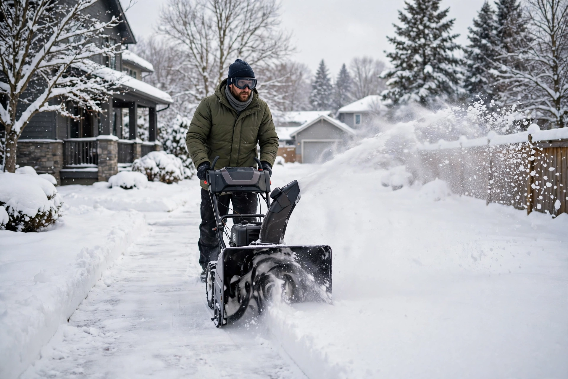 Roof crew shoveling deep snow during a professional snow removal cost visit