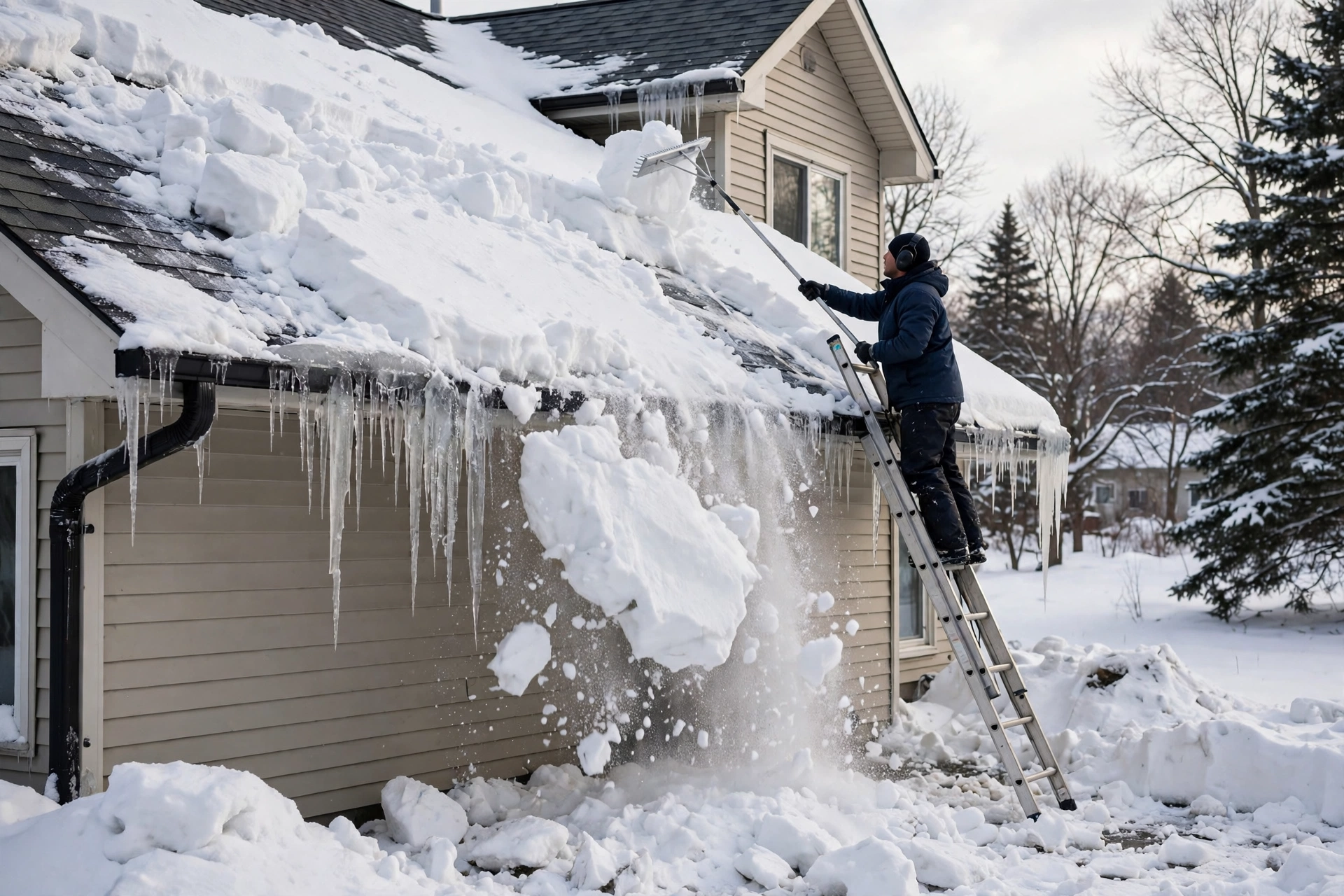 Homeowner pulling snow off the eaves with a roof rake from the ground
