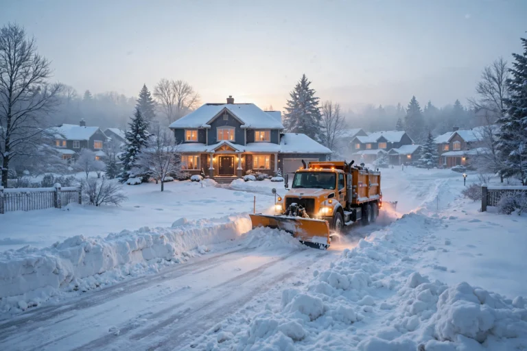 Plow truck clearing a snowy suburban driveway at dawn