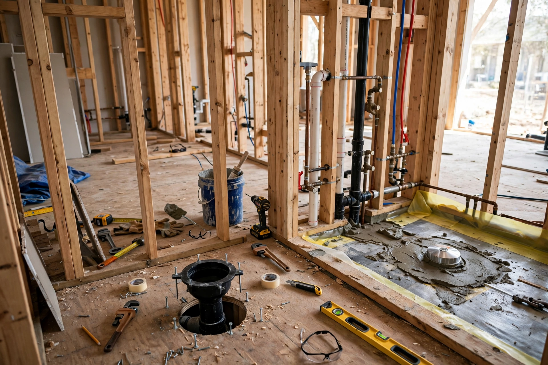 Plumbing rough-in work inside the cost to add a bathroom project framing