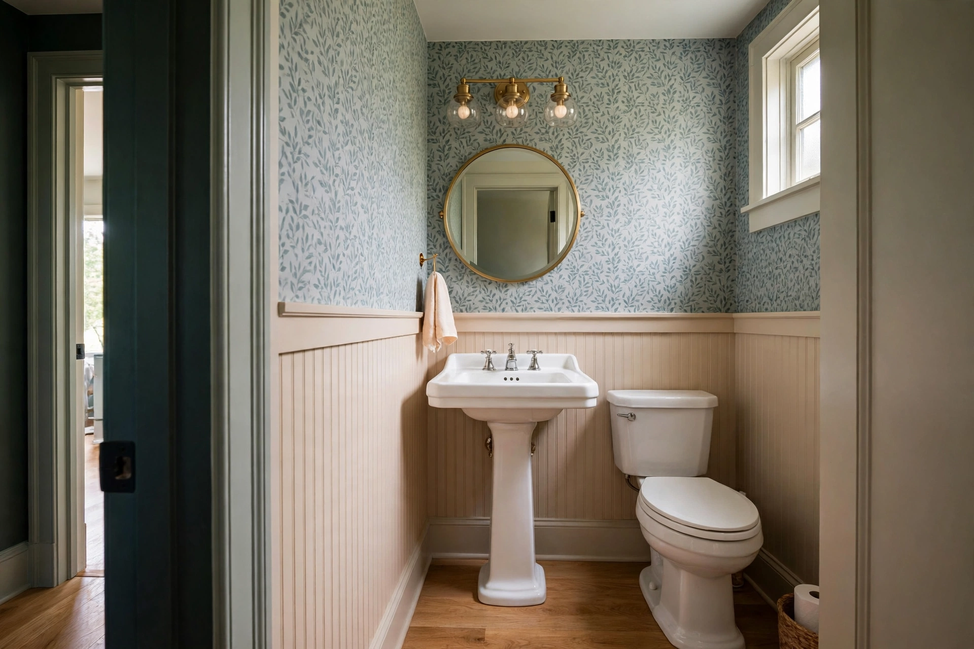 Finished half bathroom tucked under a staircase with pedestal sink