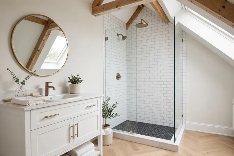 Finished small new bathroom with tile shower and floating vanity
