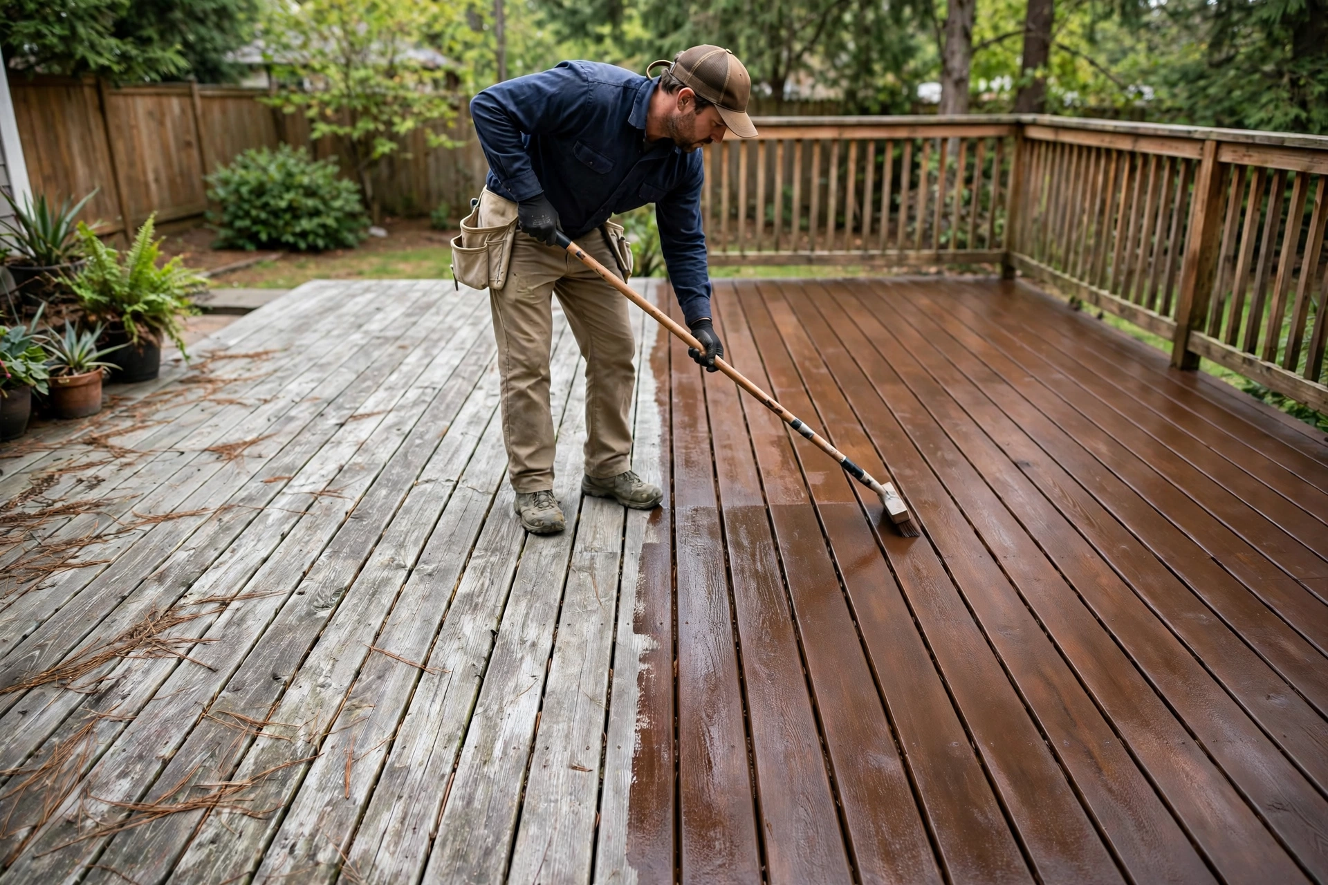 Worker applying stain in a cost to stain a deck project, half the deck finished