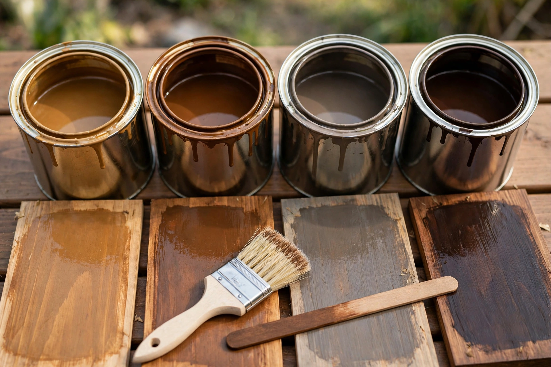 Stain cans and sample boards showing clear, semi-transparent and solid finishes
