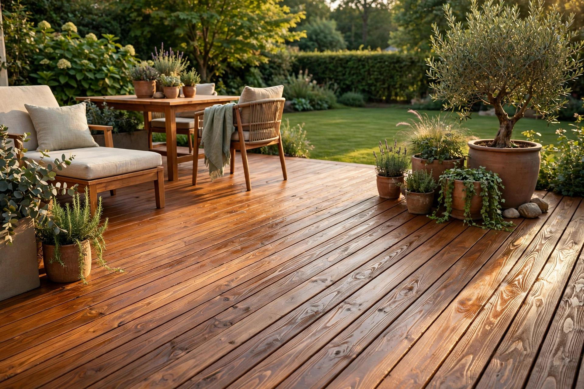 Freshly stained wooden deck with furniture at golden hour