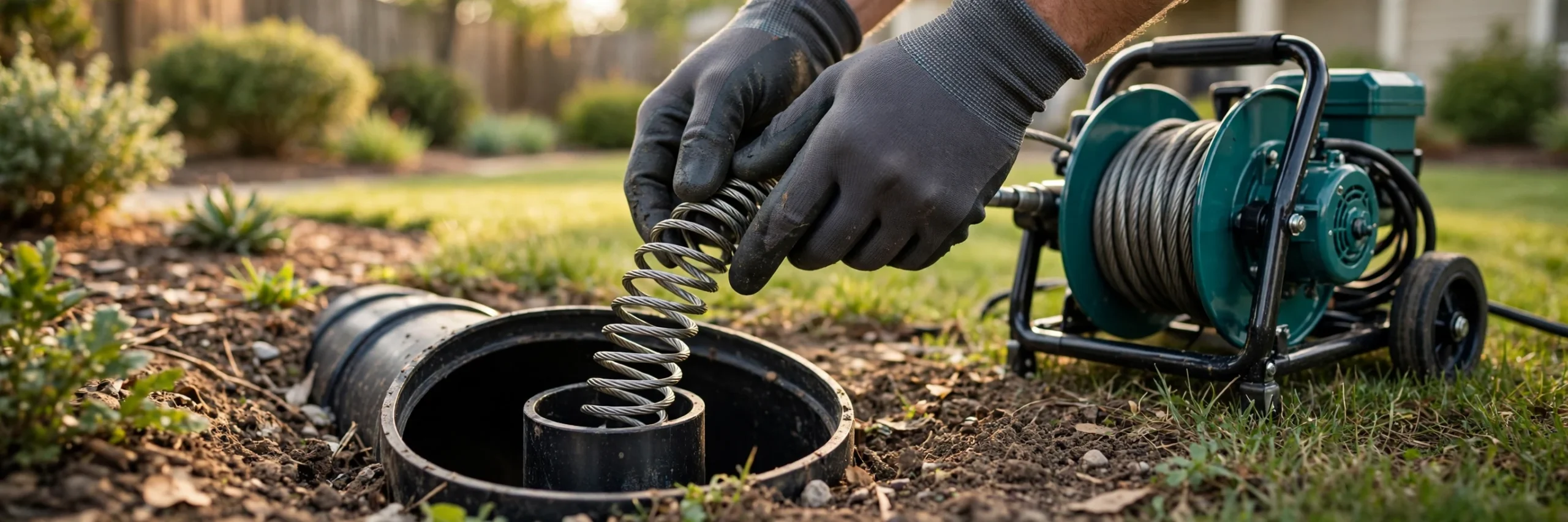 Drain cleaning cost factors: plumber snaking a clogged outdoor sewer cleanout