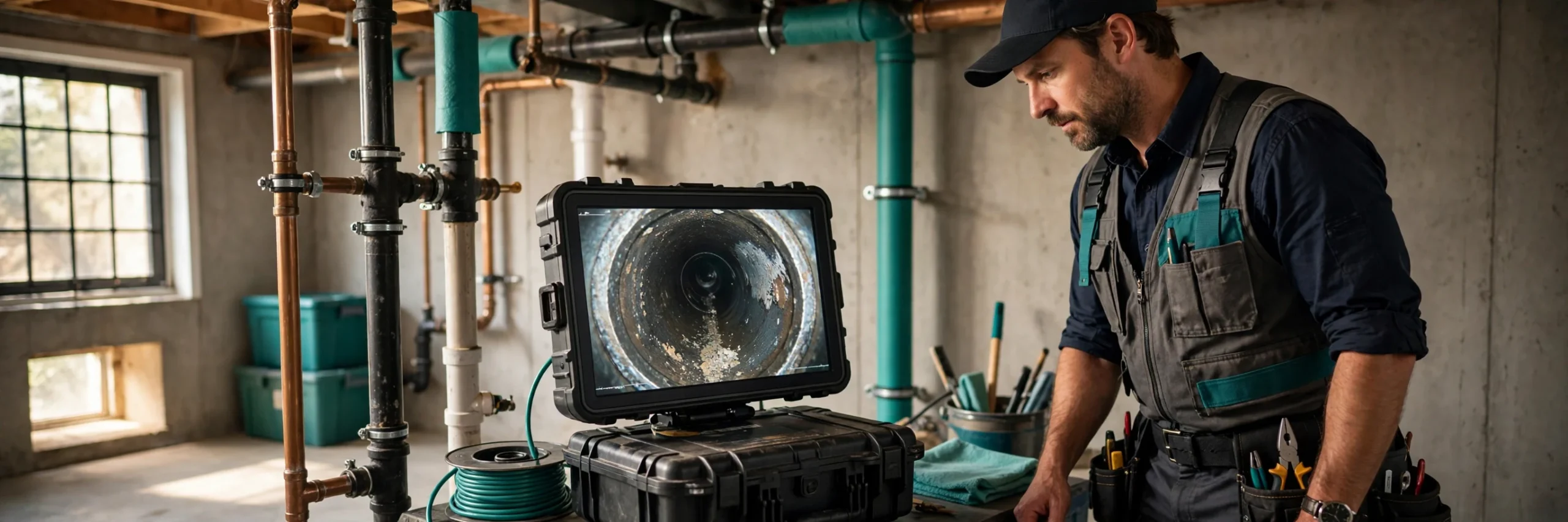 Plumber reviewing a drain camera inspection monitor in a basement