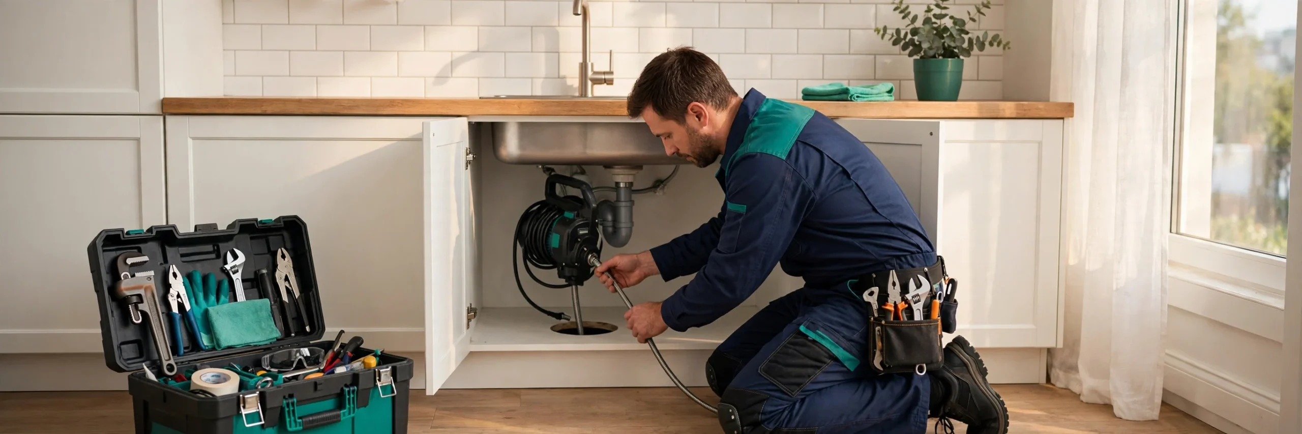 Professional plumber clearing a kitchen sink drain with a motorized drain snake