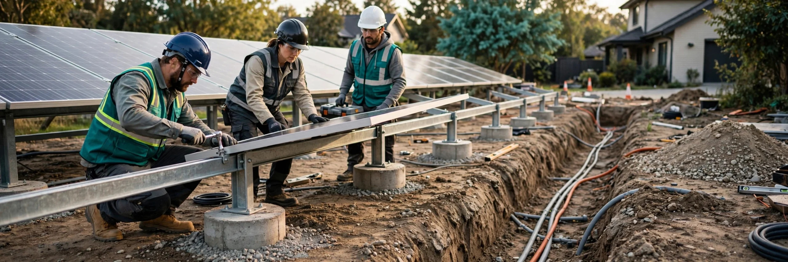Ground mount solar panel cost breakdown: installers bolting panels onto racking with concrete footings