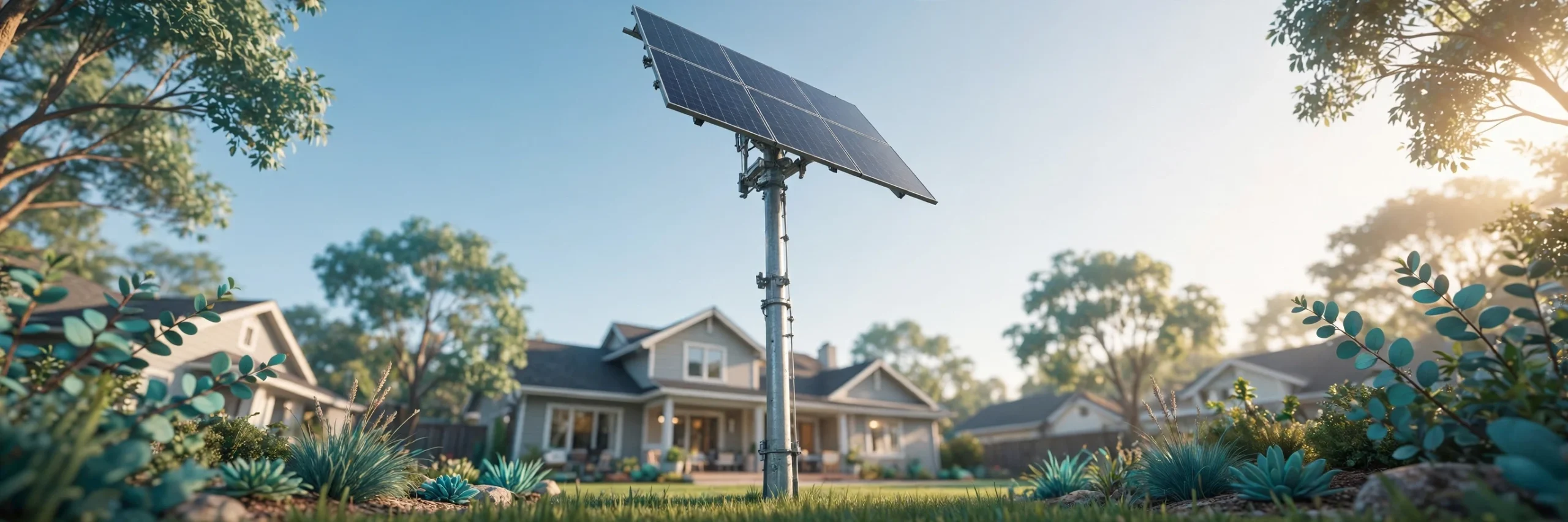 Pole mount solar panel array in a suburban backyard