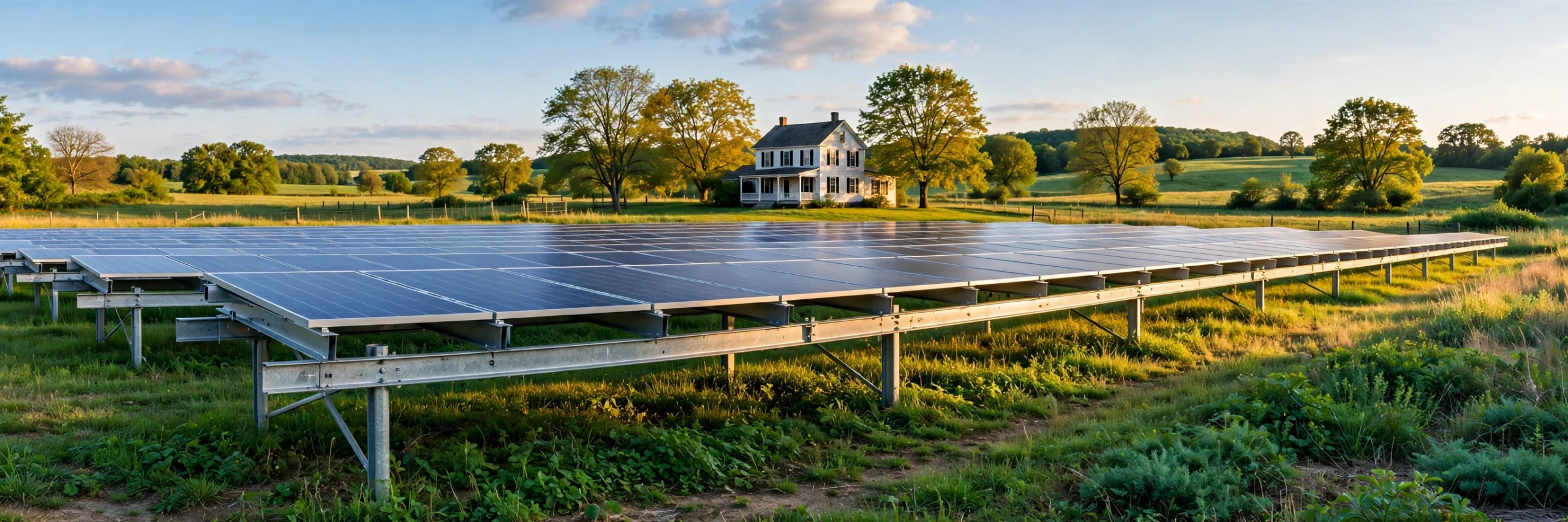 Ground mount solar panel array on steel racking in a green rural yard