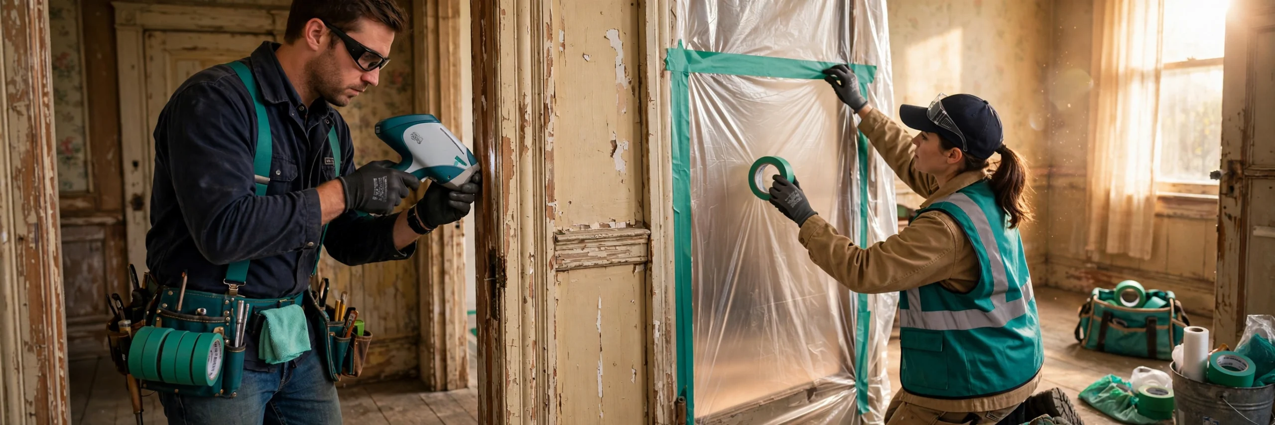 Technician using an XRF analyzer to test a door frame for lead paint
