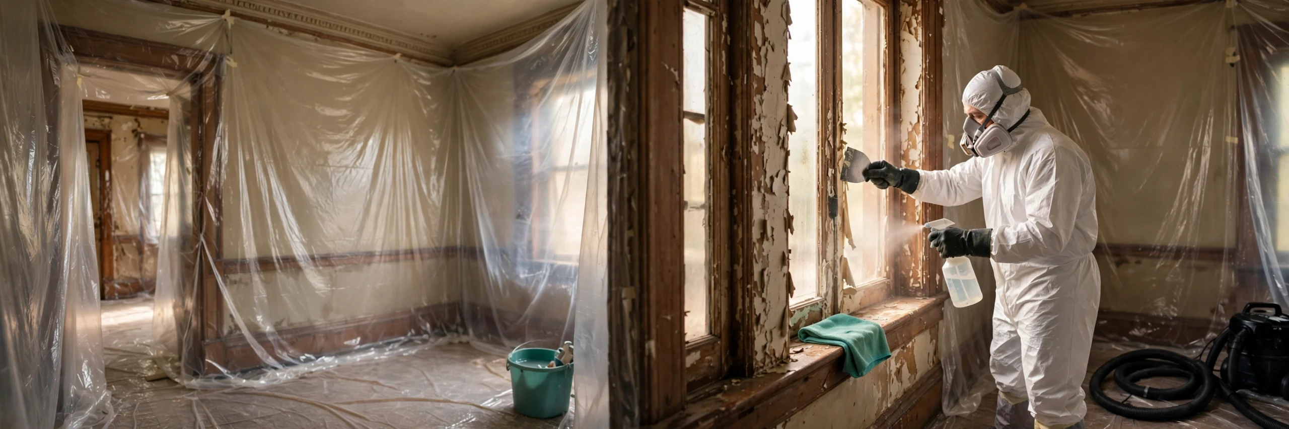 Certified worker in protective suit wet-scraping lead paint from a window frame