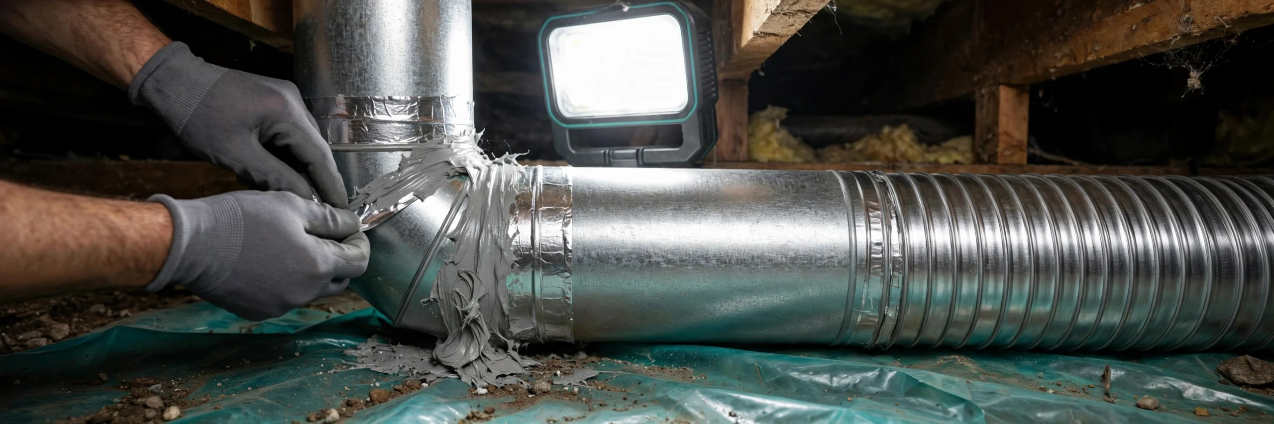 Ductwork replacement cost detail: sealing a duct joint with mastic and foil tape
