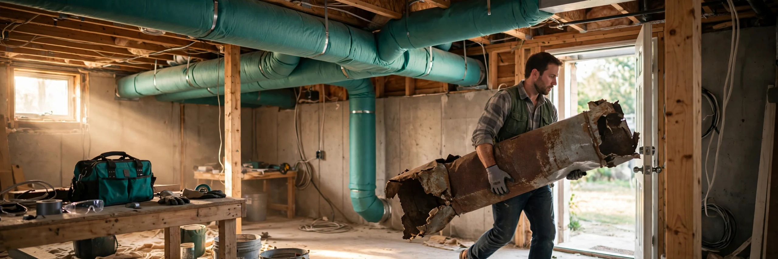 Worker removing old rusty ductwork from a basement with new ducts installed above