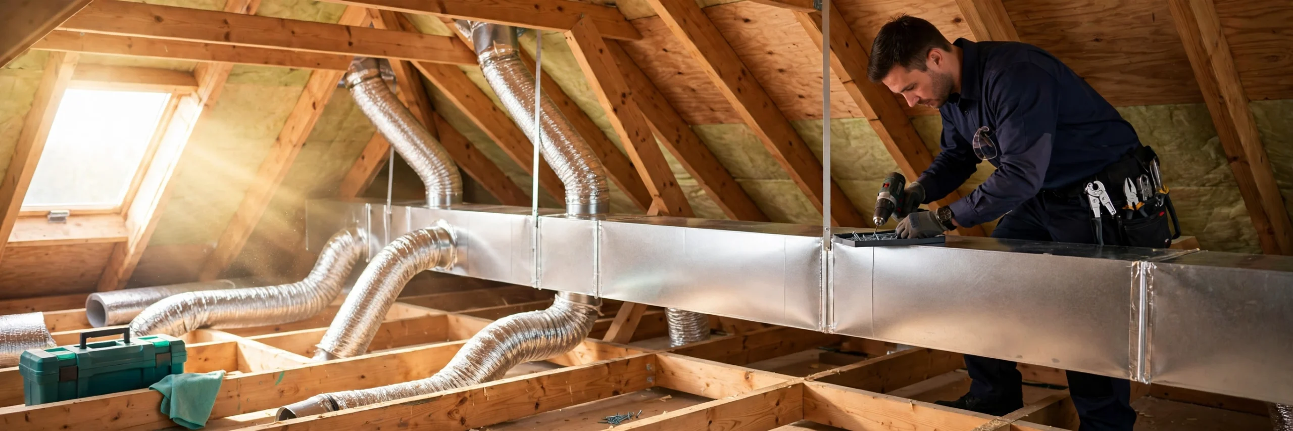 HVAC technician installing a new sheet metal duct run in a bright attic