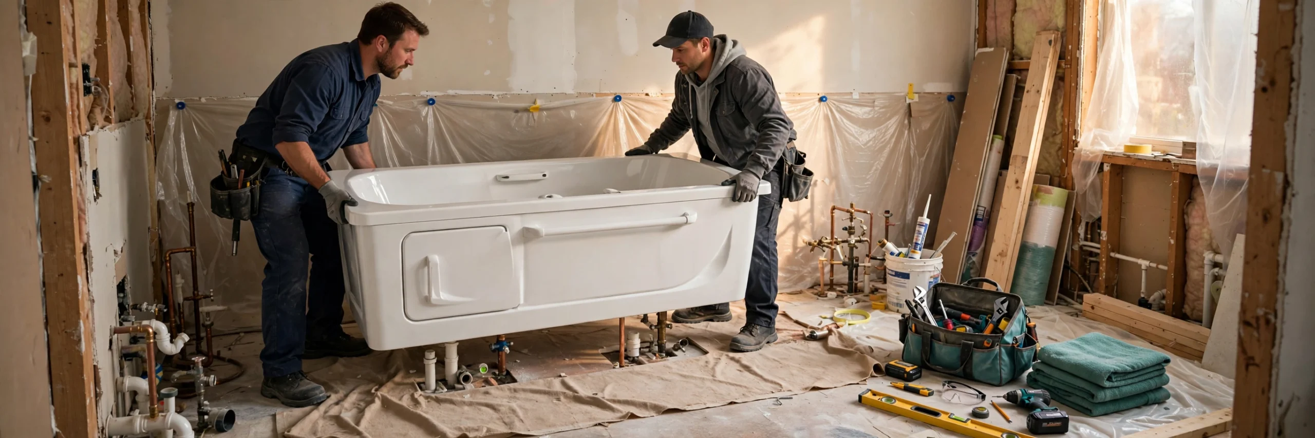 Walk-in tub cost in practice: installers positioning a new walk-in tub during a bathroom remodel