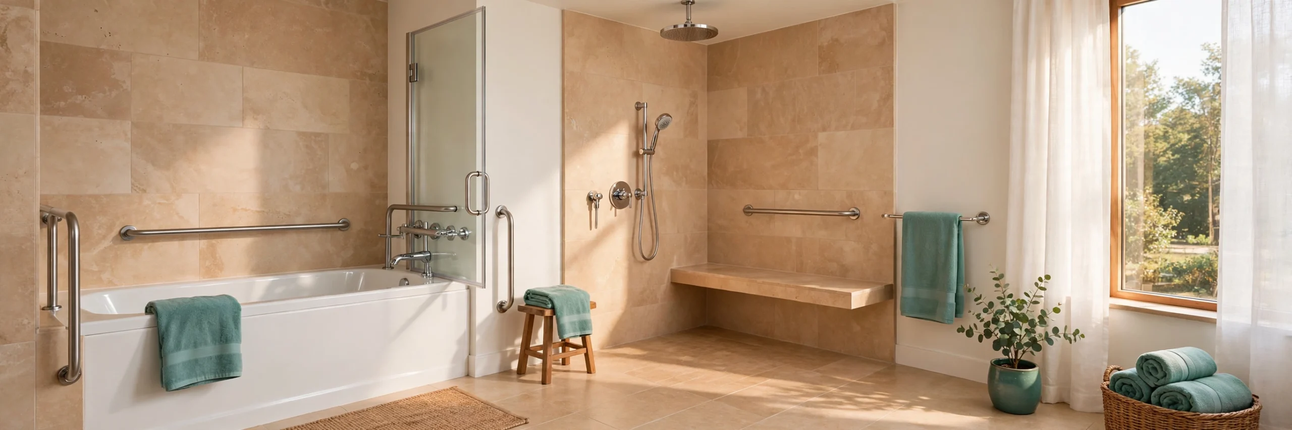 Accessible bathroom with a walk-in tub beside a curbless walk-in shower