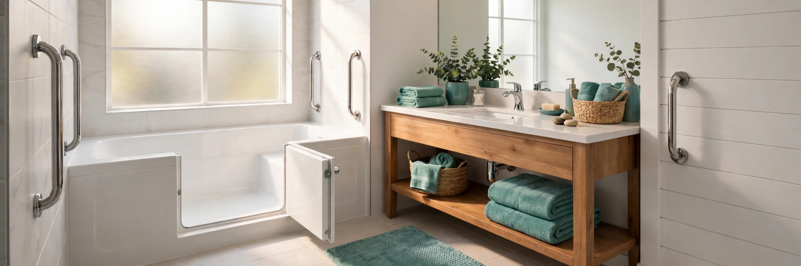 White walk-in bathtub with open entry door and grab bars in a bright bathroom